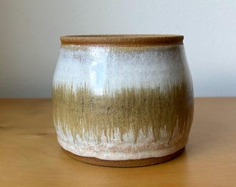 vintage handmade small ceramic plant pot 3.75” tall yellow brown off-white wheel thrown northwest studio pottery boho signed B Freeburg