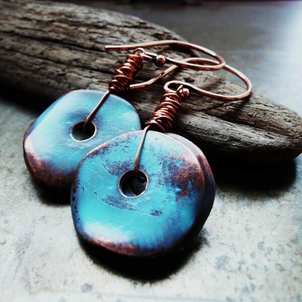 Turquoise Copper Disc Earrings Rustic Dangle Vintage Blue Round