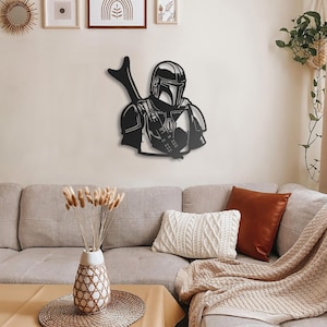 Mandalorian Metal Wall Art Sign, Matte Black Mandalorian Silhouette Wall Decor for Game Room Office or Bedroom, Sci Fi Fan Gift Idea