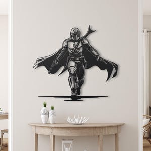 Mandalorian Metal Wall Art Sign, Matte Black Mandalorian Silhouette Wall Decor for Game Room Office or Bedroom, Sci Fi Fan Gift Idea