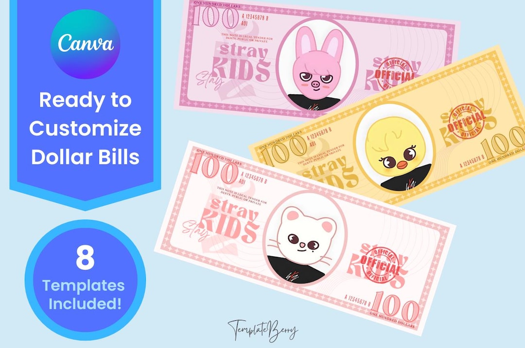 8 Editable Stray Kids SKZOO Dollar Bills, Canva Template, Concert ...