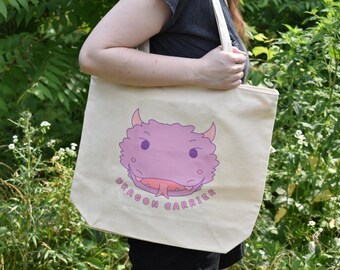 White Dragon Carrier Tote Bag | Cute Canvas Zipper Tote