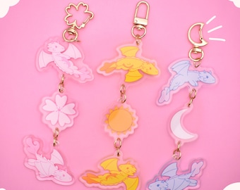 Twin Dragons - Linked Keychain | Moon, Sun, Sakura Dragons | Cute Bag Charm | Unique Fantasy Gift