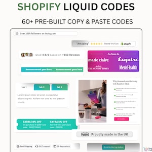 Pode incluir: Anúncio digital para Shopify Liquid Codes, oferecendo mais de 60 códigos de copiar e colar pré-construídos. O gráfico inclui avaliações de clientes, menções na mídia e ofertas promocionais. O anúncio também apresenta uma mulher segurando um produto.