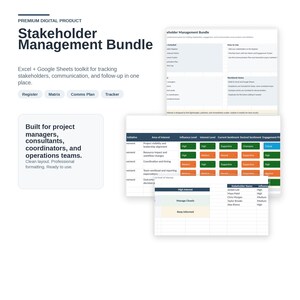 May include: A digital product titled "Stakeholder Management Bundle" with Excel and Google Sheets tools. The image shows spreadsheets for tracking stakeholders, communication, and follow-up. Includes text: "Built for project managers, consultants, coordinators, and operations teams."