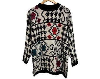 Brunny Vintage 80s 90s Oversized Houndstooth Floral Sweater USA Retro