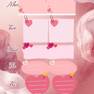 May include: Pink planner with heart-shaped accents and the text "Planner of Love." The planner is designed for a week, with sections for each day, including Monday through Friday, and an "Imp" section. The design includes hearts and decorative elements.