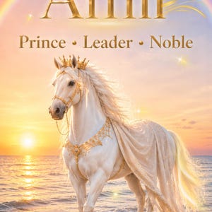 Könnte beinhalten: Ein weißes Pferd mit goldener Krone und verziertem goldenem Brustschmuck steht bei Sonnenuntergang im flachen Meerwasser. Ein Regenbogen wölbt sich darüber. Der Text "Amir" steht in großen goldenen Buchstaben über den Worten "Prince • Leader • Noble".
