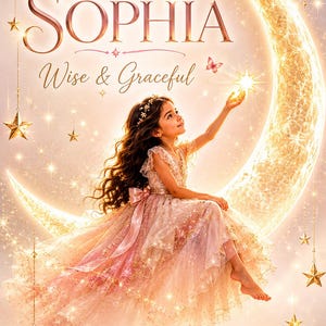 Peut inclure: Une illustration numérique montrant un enfant aux longs cheveux bruns portant une robe rose à volants, assis sur un croissant de lune brillant. Le texte indique : SOPHIA Wise & Graceful, et A heart full of wisdom and a soul made to shine.
