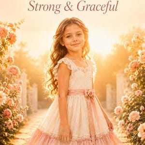 Peut inclure: Un enfant aux longs cheveux ondulés porte une robe crème avec des bordures en dentelle et une ceinture en ruban rose. Le texte indique : CHARLOTTE, Strong & Graceful, et Grace in her heart, strength in her soul. Le décor inclut des rosiers.