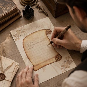 Pode incluir: Um papel de carta com um design de pergaminho central, linhas horizontais e detalhes florais nos cantos. O texto "Dear Friend, I hope this letter finds you well" está escrito em cursivo sobre o papel de tom bege claro.