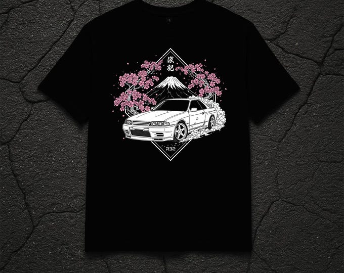 Nissan Skyline R32 Fuji Mountain Cherry Blossoms Graphic Tee BLACK