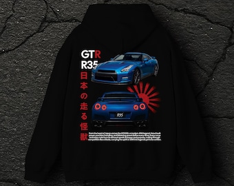 Sudadera con capucha GTR negra - Sudadera con capucha para entusiastas de los coches JDM - Sudadera con estampado de coches japoneses - Regalo para amantes de los coches