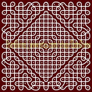 May include: A white geometric pattern on a deep red background. The design consists of interconnected lines and dots, creating a complex, repeating motif. The pattern is centered and fills the square frame.