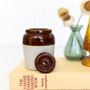 Vintage Stoneware Mustard Pot Crock Canister Two Tone Brown Cream Flat Lid 8