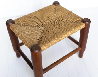 Vintage Wicker Footstool with Wooden Legs