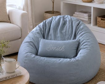 Oversized Cotton Bean Bag Cover with Pillow Cover | Fits Lovesac Compatible Bean Bag | Custom Name Gift | Hidden Zipper