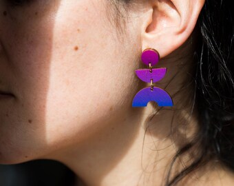 Geometric Ombre Statement Earrings Colourful Bright and Bold Jewellery Modernist Minimal Earrings Pink & Purple Earrings for Festival Style