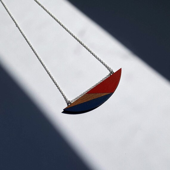 Geometric Necklace Wooden Jewellery Half Moon Colour Etsy