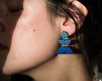Ombre Geometric Dangle Earrings Bright Bold and Colourful Jewellery Blue Statement Wooden Drop Earrings Modernist Statement Earrings