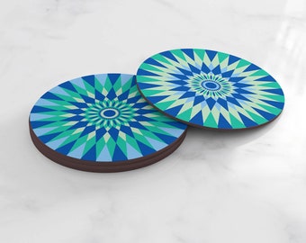 Geometric colourful blue coasters - set of 4 coasters - Funky Vibrant homeware - Colourful home print coasters - new home gift - home decor