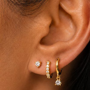 3PCS 18K Gold Hoop Earring Set, CZ Huggie Hoops & Stud Earrings, Dainty Ear Stack Jewelry, Minimalist Gift for Women