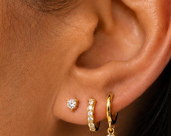 3PCS 18K Gold Hoop Earring Set, CZ Huggie Hoops & Stud Earrings, Dainty Ear Stack Jewelry, Minimalist Gift for Women