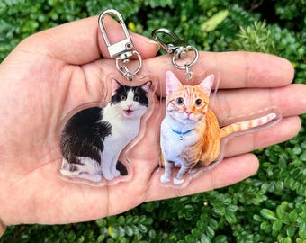 May include: Two cat-shaped keychains. One keychain features a black and white cat, and the other features an orange tabby cat wearing a blue collar. Both keychains have silver-colored clasps.