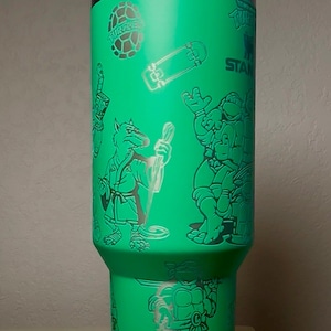 Pu&ograve; includere: Un bicchiere in acciaio inossidabile verde con illustrazioni dei personaggi delle Tartarughe Ninja e grafica correlata. Il bicchiere ha un coperchio bianco e una cannuccia. Il design include uno skateboard e la parola "STAN".