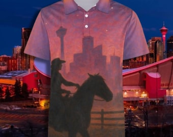 Cowgirl at Sunset – Women’s Cooling Polo Shirt with Calgary Skyline & Stampede-Inspired Art