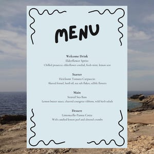 Gefrostetes Leinen Bearbeitbares Dinner Party Menü | Pastell Blau Leinwand Vorlage | Druckbare PDF | Repap Atelier