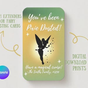 Könnte beinhalten: Rechteckige Karte mit grün-gelbem Farbverlauf. Die Karte zeigt eine Silhouette einer Fee mit dem Text "You've been Pixie Dusted!" und "Have a magical cruise!". Die Karte enthält auch den Text "The Smiths Family, #1234".