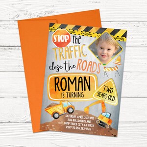 Construction Trucks Birthday Party Invitation Personalized with Photo