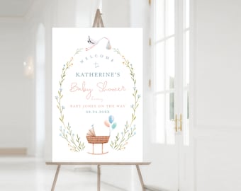 Stork Baby Shower Welcome Sign - Gender Neutral for Boy or Girl - Baby Shower Party Decorations - Stork Theme
