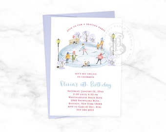 Watercolor Ice Skating Birthday Party Invitation
