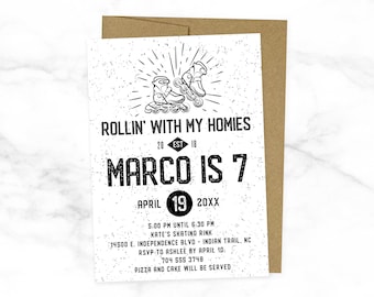 Roller Blade Birthday Party Invitations - Black and White - Boy or Girl - Rollin With My Homies