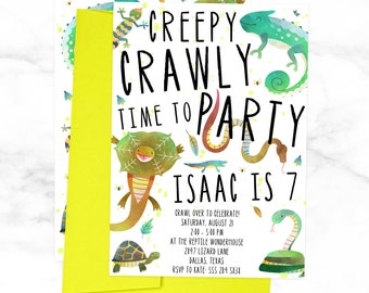 May include: A white invitation with a yellow envelope. The invitation features a colorful illustration of reptiles and the text "Creepy Crawly Time to Party Isaac is 7". The invitation also includes details about the party, including the date, time, location, and RSVP information.