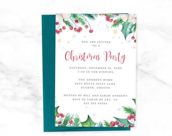 Op de afbeelding: Een uitnodiging voor een kerstfeest met een aquarelontwerp van hulst, bessen en sneeuwvlokken. De tekst luidt "U bent uitgenodigd voor een kerstfeest" met de datum, tijd, locatie en RSVP-informatie.