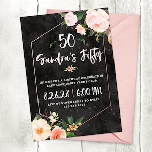 50th Birthday Party Invitation for Women - Fiftieth Birthday Floral Rose Invitation