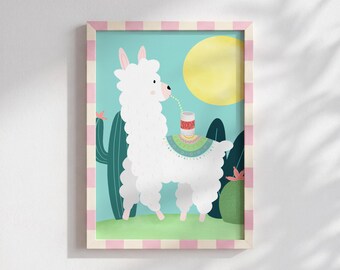 Cute Llama Wall Art Print, Llama Nursery Decor, Whimsical Animal Art, Kids Room Wall Decor, Colorful Llama Gift, Playroom Print