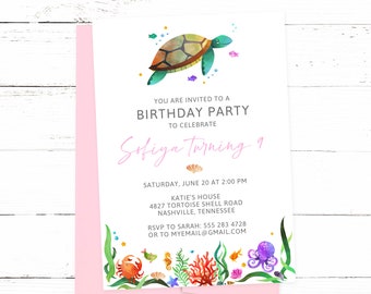 Girl Sea Turtle Birthday Party Invitation | Under the Sea Turtle Invite