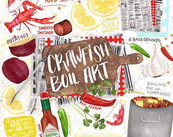 Lot de cliparts pour faire bouillir les écrevisses PNG | Clipart aquarelle de fruits de mer de Louisiane | Écrevisses, crevettes, maïs, citron, cajun, graphiques