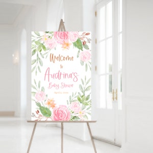 Floral Baby Shower Welcome Sign - Pink Flowers Girl Baby Shower Decor