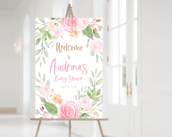 Floral Baby Shower Welcome Sign - Pink Flowers Girl Baby Shower Decor