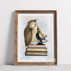 Owl Looking Through Microscope - Library Wall Art - Study Wall Decor