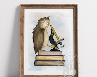 Owl Looking Through Microscope - Library Wall Art - Study Wall Decor