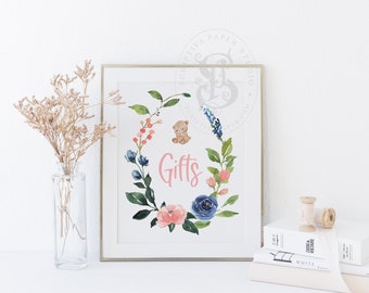 Gender Neutral Baby Shower Gift Sign - Navy and Pink Floral for Unknown Gender - Bearly Wait Baby Shower Theme