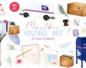 Watercolor Postage Clipart - Post Office Digital Art - Postal Theme Digital Art - Post Office - Mailbox and Mail Truck Art