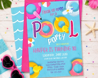 Pool Party Invitation Template, Editable Pool Birthday Invite, Summer Pool Party Invite, Tween and Teen Girl Birthday Invitation