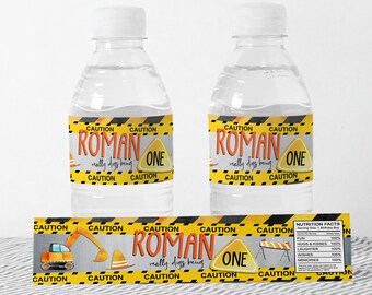 May include: Construction themed water bottle labels with yellow and black caution tape, a yellow excavator, and the text "Roman really digs being one".